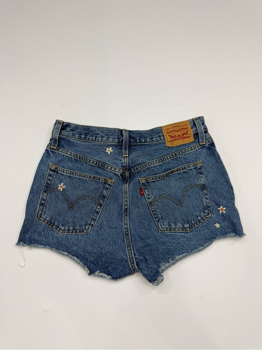 Levi's 501 Blue Denim Cutoff Shorts with Tiny Floral Embroidery